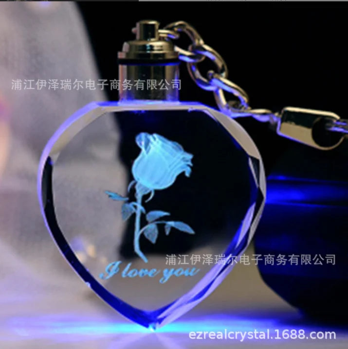 1Pcs Fashion Colorful Fairy Rose Flower Pattern Love Shape Crystal Rhinestone LED Light Keychain Lover Key Chain Keyring Jewelry