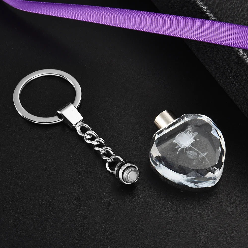 1Pcs Fashion Colorful Fairy Rose Flower Pattern Love Shape Crystal Rhinestone LED Light Keychain Lover Key Chain Keyring Jewelry