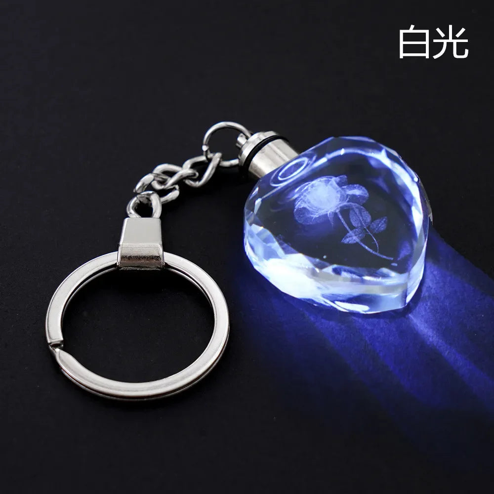 1Pcs Fashion Colorful Fairy Rose Flower Pattern Love Shape Crystal Rhinestone LED Light Keychain Lover Key Chain Keyring Jewelry