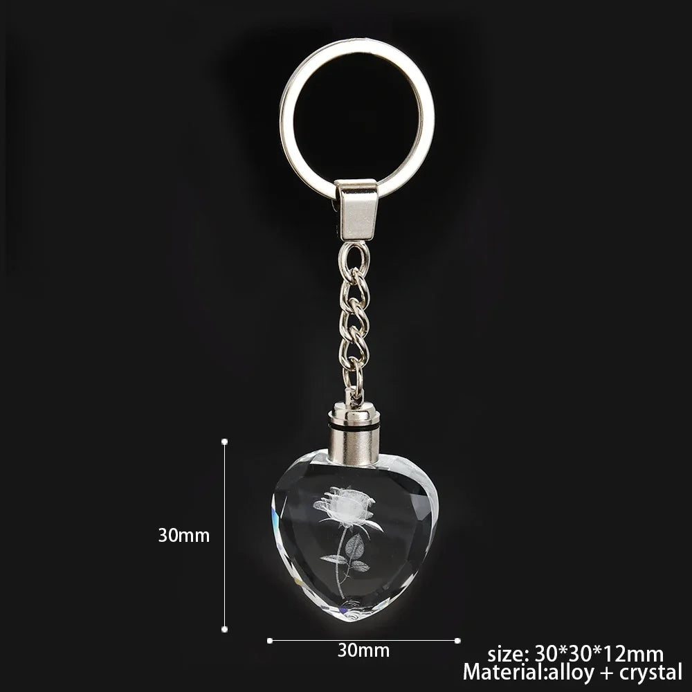 1Pcs Fashion Colorful Fairy Rose Flower Pattern Love Shape Crystal Rhinestone LED Light Keychain Lover Key Chain Keyring Jewelry