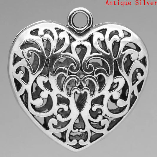 Lovely Charm Pendants Heart Silver Color Hollow 5.1x5cm,3PCs (B23471)