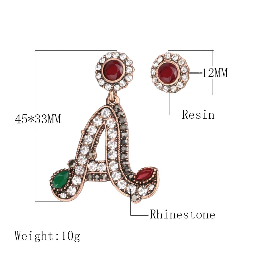 Letter A Statement Drop Earrings Rhinestone Gold Round Stud Asymmetrical Earrings Vintage Turkish Jewelry