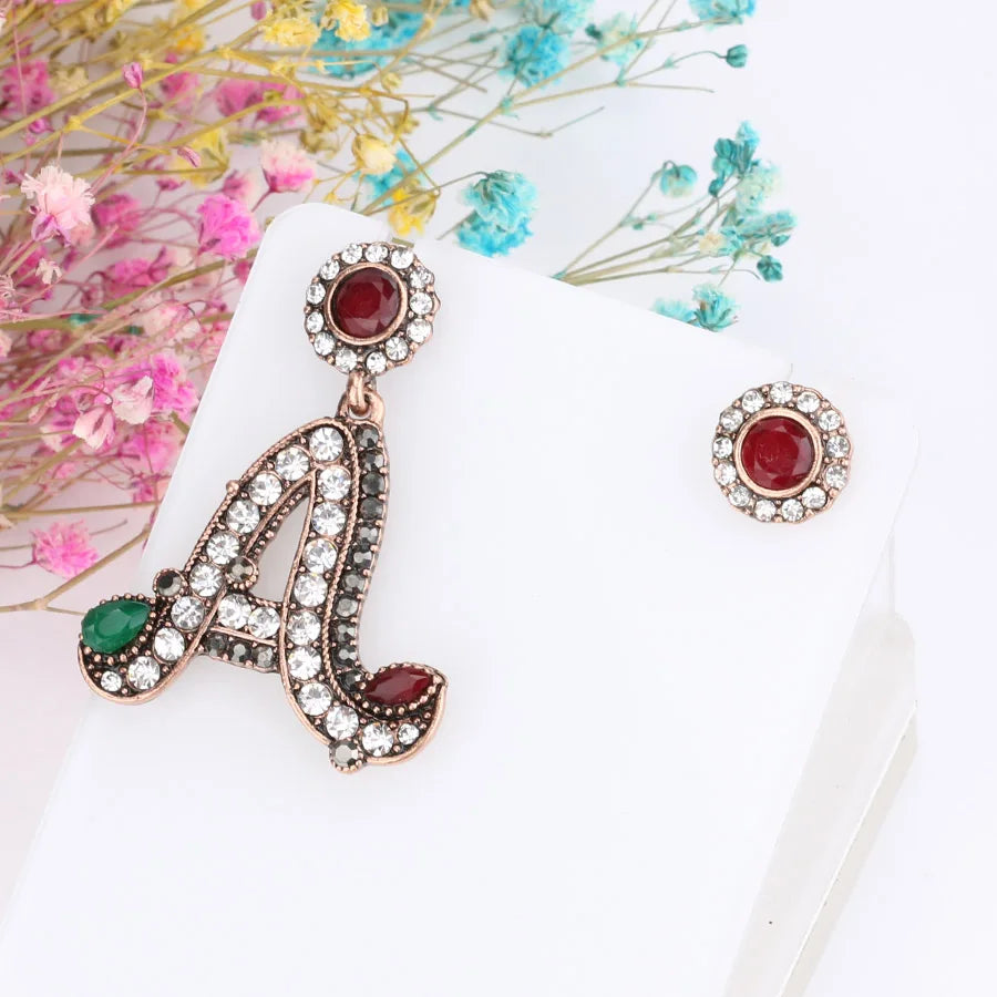 Letter A Statement Drop Earrings Rhinestone Gold Round Stud Asymmetrical Earrings Vintage Turkish Jewelry