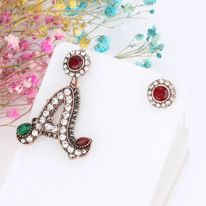 Letter A Statement Drop Earrings Rhinestone Gold Round Stud Asymmetrical Earrings Vintage Turkish Jewelry