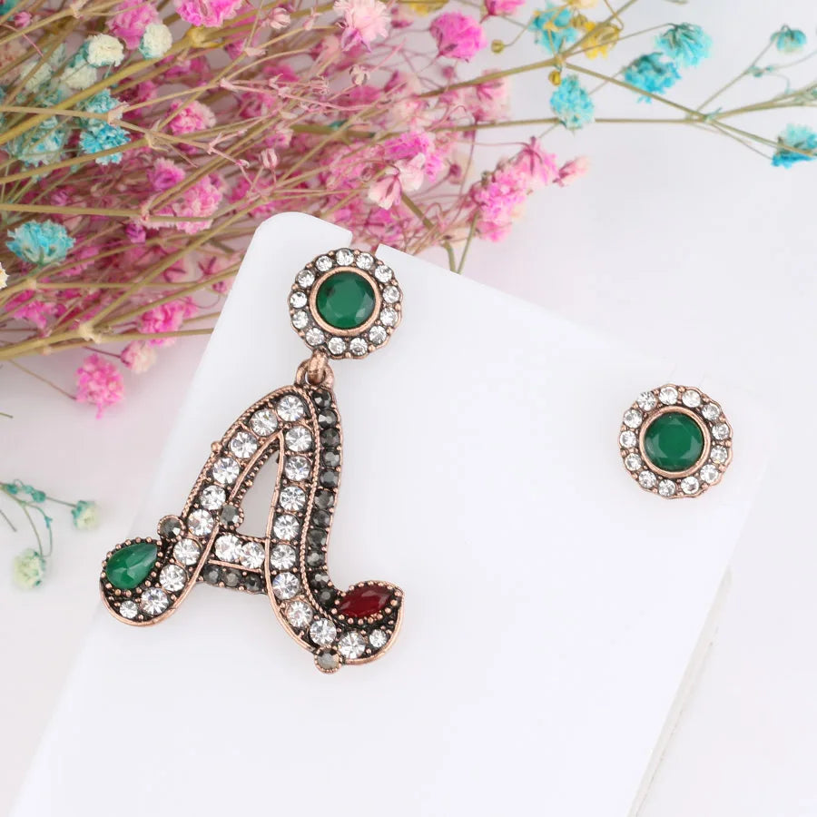 Letter A Statement Drop Earrings Rhinestone Gold Round Stud Asymmetrical Earrings Vintage Turkish Jewelry