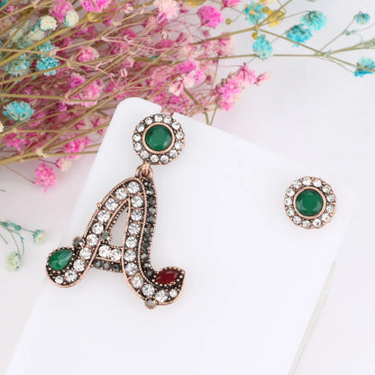 Letter A Statement Drop Earrings Rhinestone Gold Round Stud Asymmetrical Earrings Vintage Turkish Jewelry