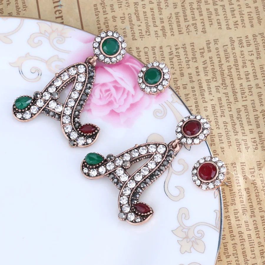 Letter A Statement Drop Earrings Rhinestone Gold Round Stud Asymmetrical Earrings Vintage Turkish Jewelry