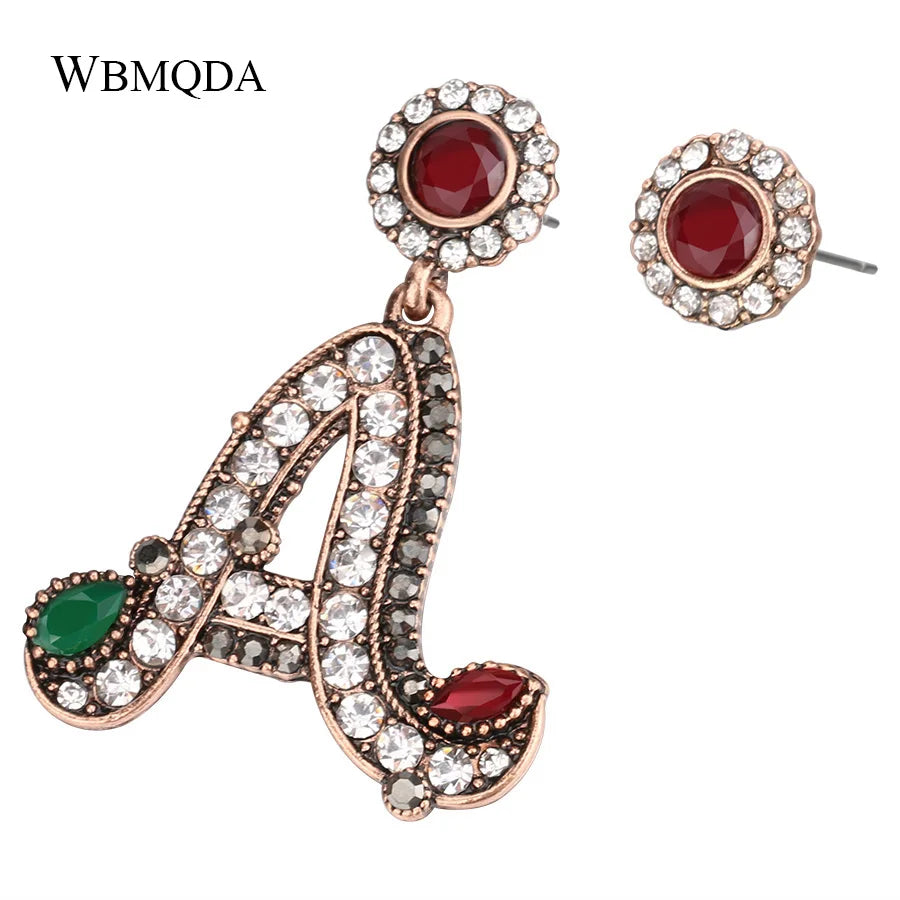 Letter A Statement Drop Earrings Rhinestone Gold Round Stud Asymmetrical Earrings Vintage Turkish Jewelry