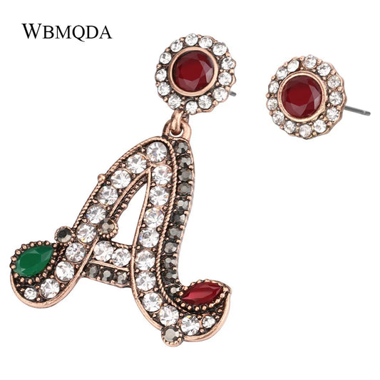 Letter A Statement Drop Earrings Rhinestone Gold Round Stud Asymmetrical Earrings Vintage Turkish Jewelry