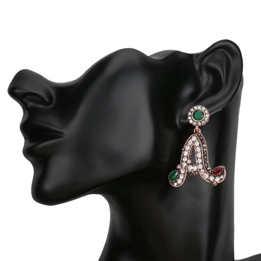 Letter A Statement Drop Earrings Rhinestone Gold Round Stud Asymmetrical Earrings Vintage Turkish Jewelry