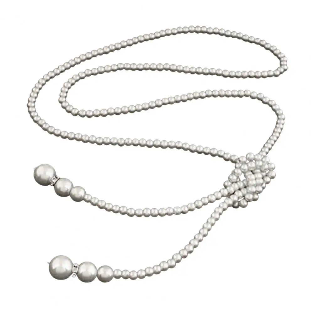 Simulated Pearl Tassel Long Necklace Classic Double Knot White Color Neck Chain Elegant Alloy Women Dress Sweater Accessories
