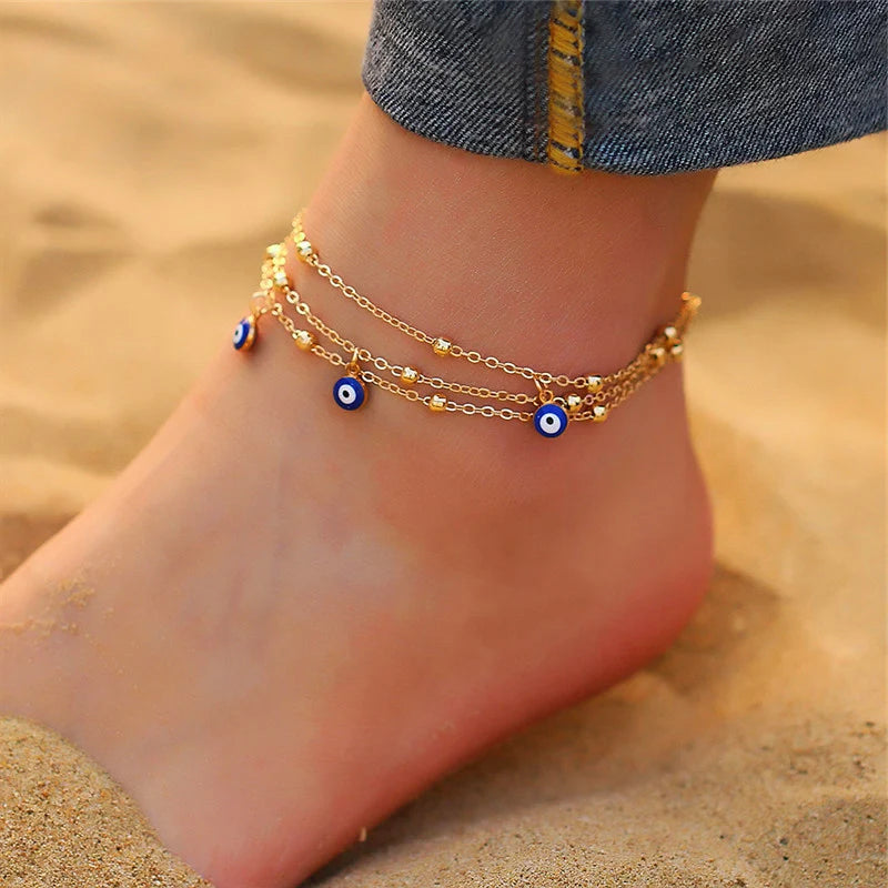 Aihua Bohemian Anklets Bracelets For Women Multiple Layers Turkish Eyes Ankle Bracelet Barefoot Sandals Pulseras Foot Jewelry