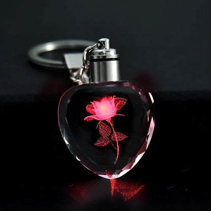 1Pcs Fashion Colorful Fairy Rose Flower Pattern Love Shape Crystal Rhinestone LED Light Keychain Lover Key Chain Keyring Jewelry