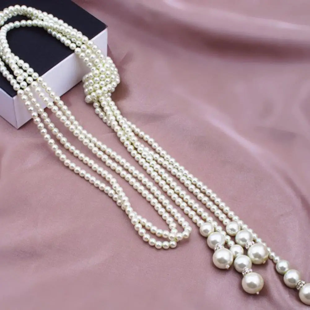 Simulated Pearl Tassel Long Necklace Classic Double Knot White Color Neck Chain Elegant Alloy Women Dress Sweater Accessories