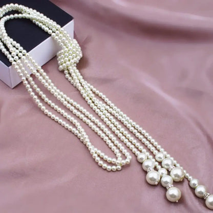 Simulated Pearl Tassel Long Necklace Classic Double Knot White Color Neck Chain Elegant Alloy Women Dress Sweater Accessories