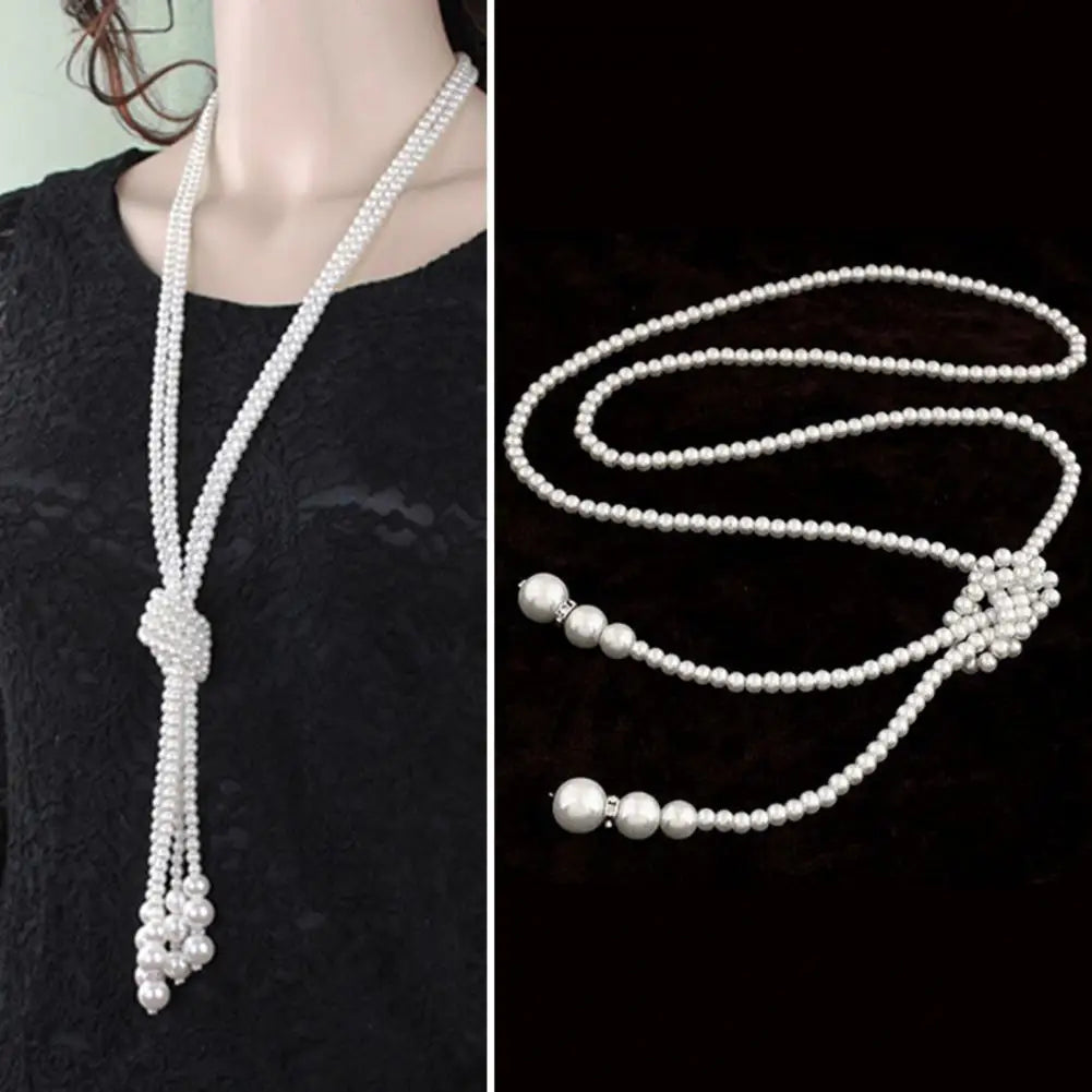 Simulated Pearl Tassel Long Necklace Classic Double Knot White Color Neck Chain Elegant Alloy Women Dress Sweater Accessories
