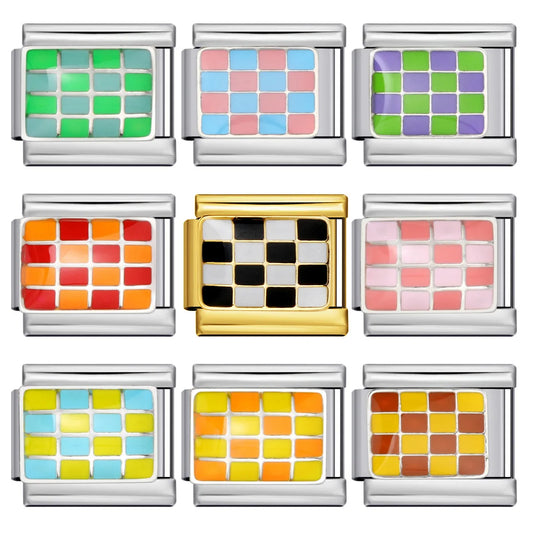Simplicity Trend Women Men Colorful Glaze Square Lattice Italian Charm Link fit 9mm Stainless Steel Jewelry DIY Making Bracelets