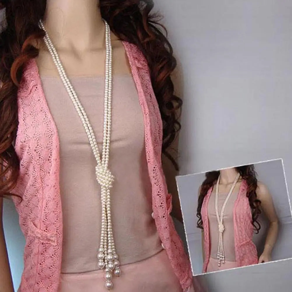 Simulated Pearl Tassel Long Necklace Classic Double Knot White Color Neck Chain Elegant Alloy Women Dress Sweater Accessories